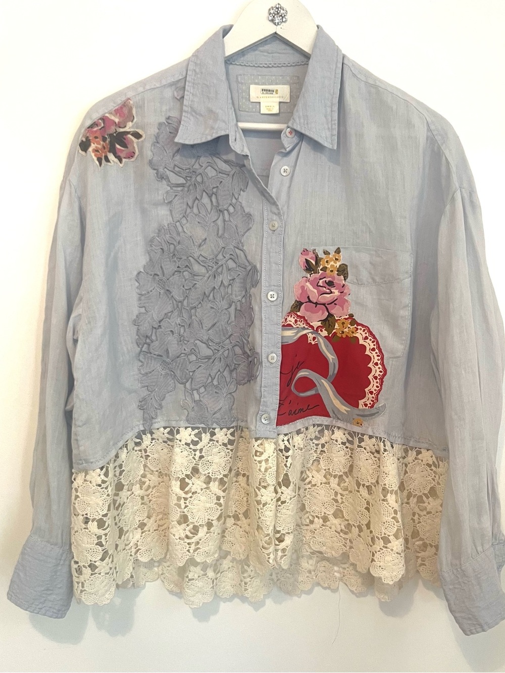 Upcycled Maeve Anthropologie Pale Blue Linen Button-Up Shirt - Picture 3 of 11